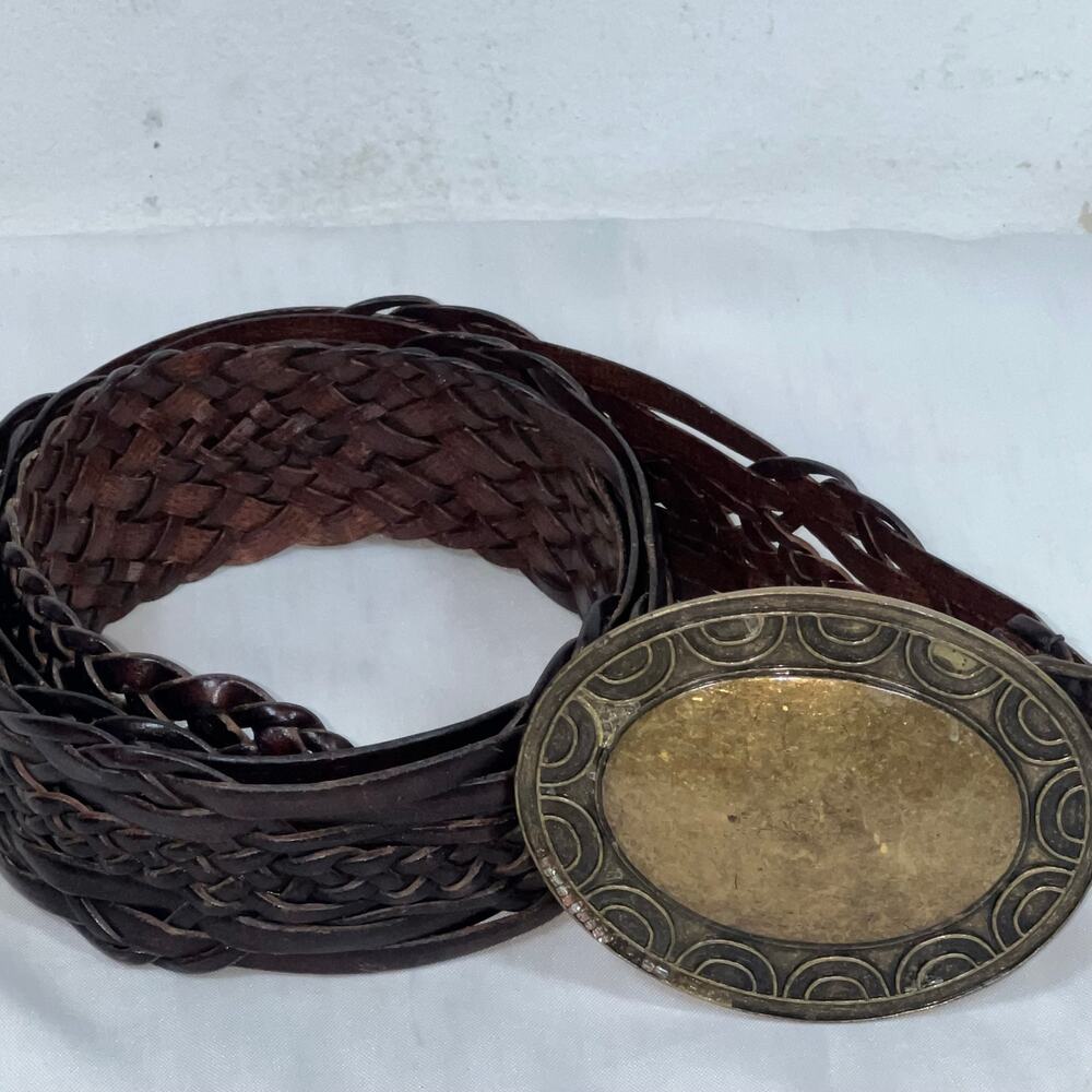 Vintage Bohemian Wide Braided Bonded Leather Belt Y2K Brass Medallion Buckle S/M